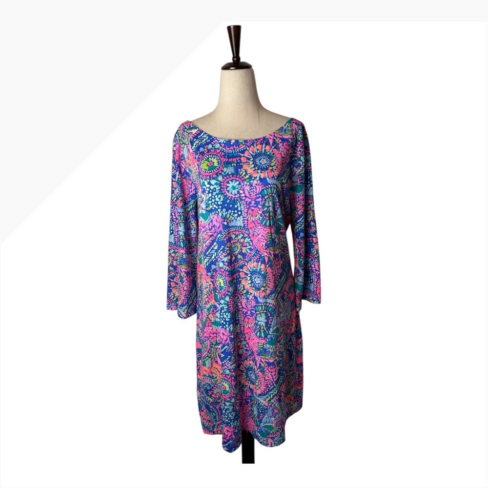 Lilly‎ Pulitzer Bay Dress Women Large Blue Pink No Prob Llama Cutout Back Boho - Picture 2 of 12